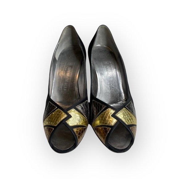 Vintage: Bruno Magli ✦ Kitten Heel Peep Toe Pumps ✦ Metallic Leather Patchwork ✦ - Picture 9 of 16